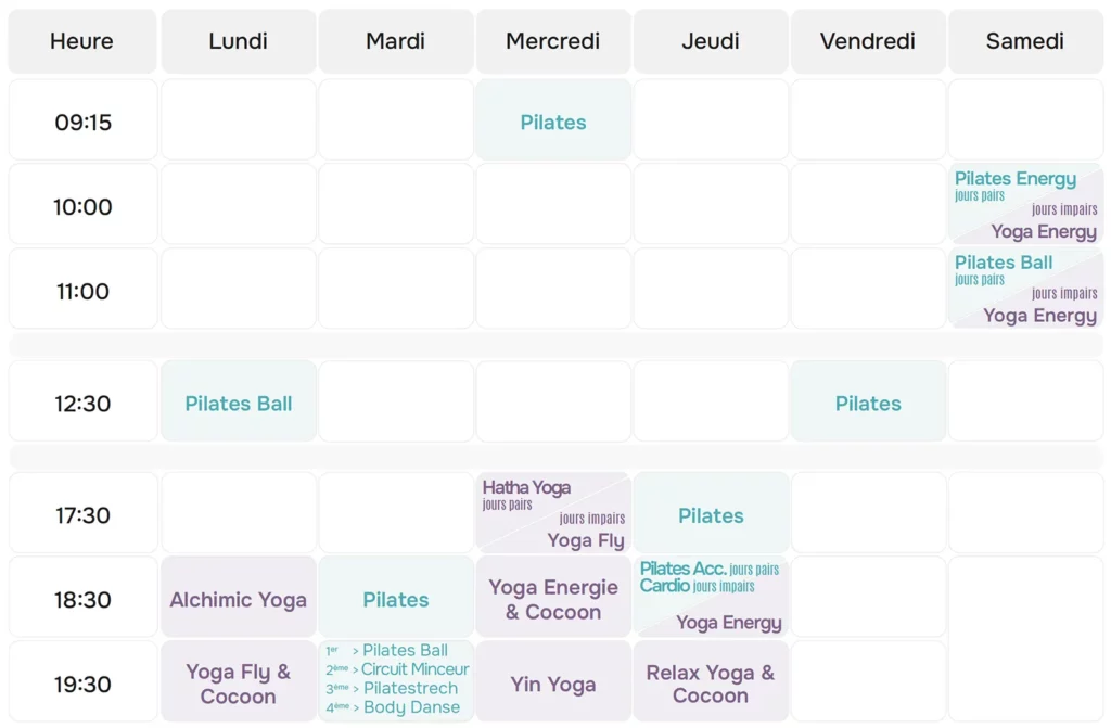 Planning 2025 Nadréa Original Studio Pilates et Yoga à Antibes