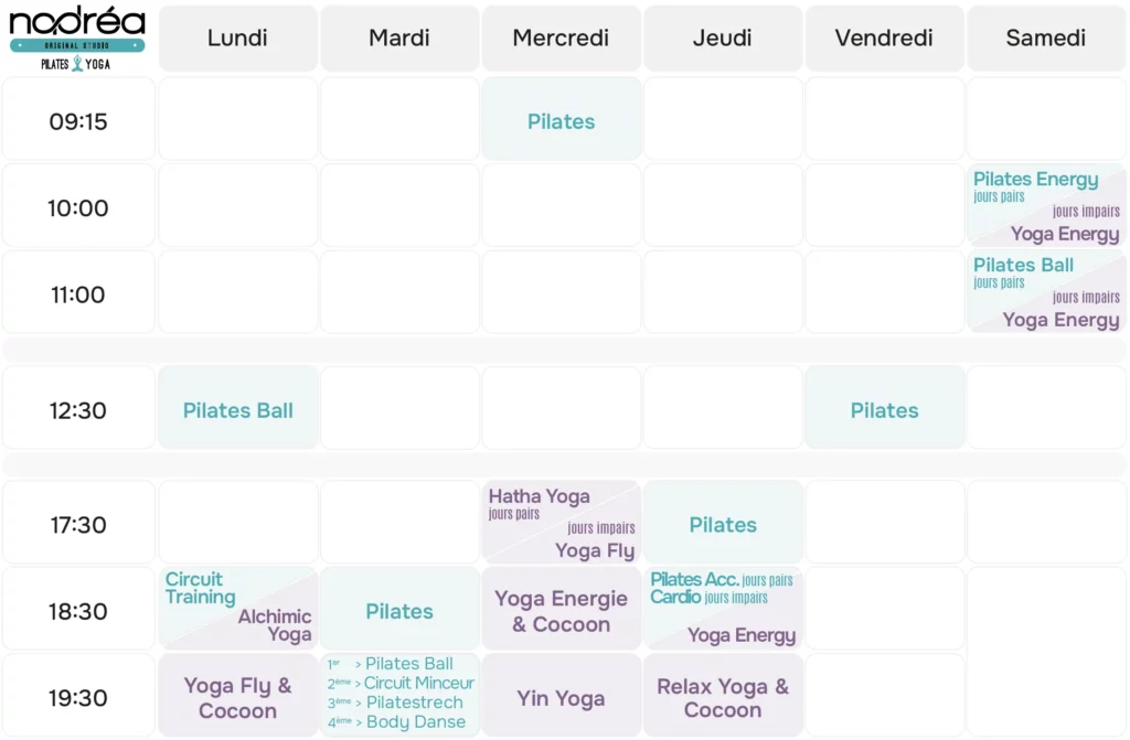 Planning 2026 Nadréa Original Studio Pilates et Yoga à Antibes